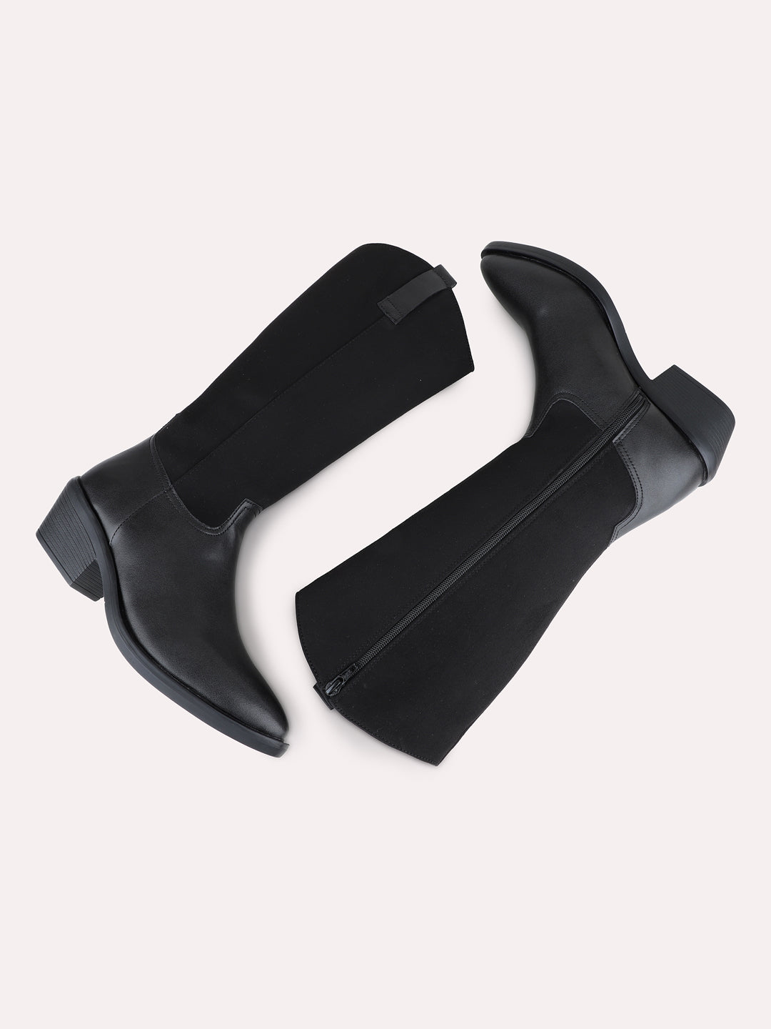 Womens Black Casual Solid Narrow Toe Block Heel Boots