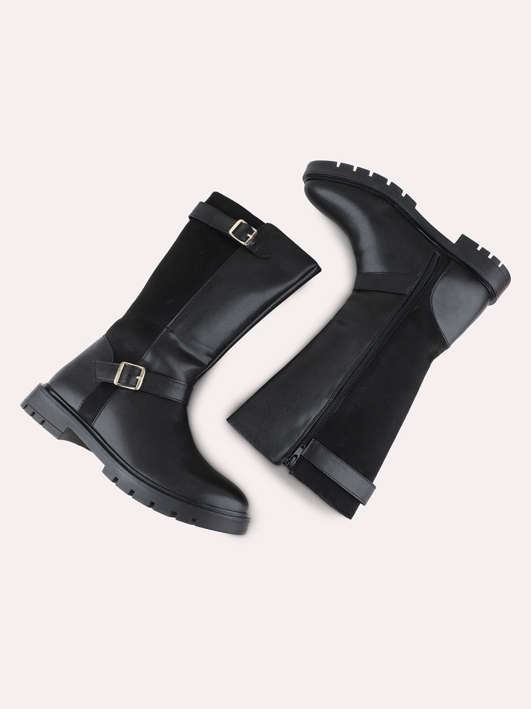 Womens Black Casual Solid Pattern Round Toe  Boots