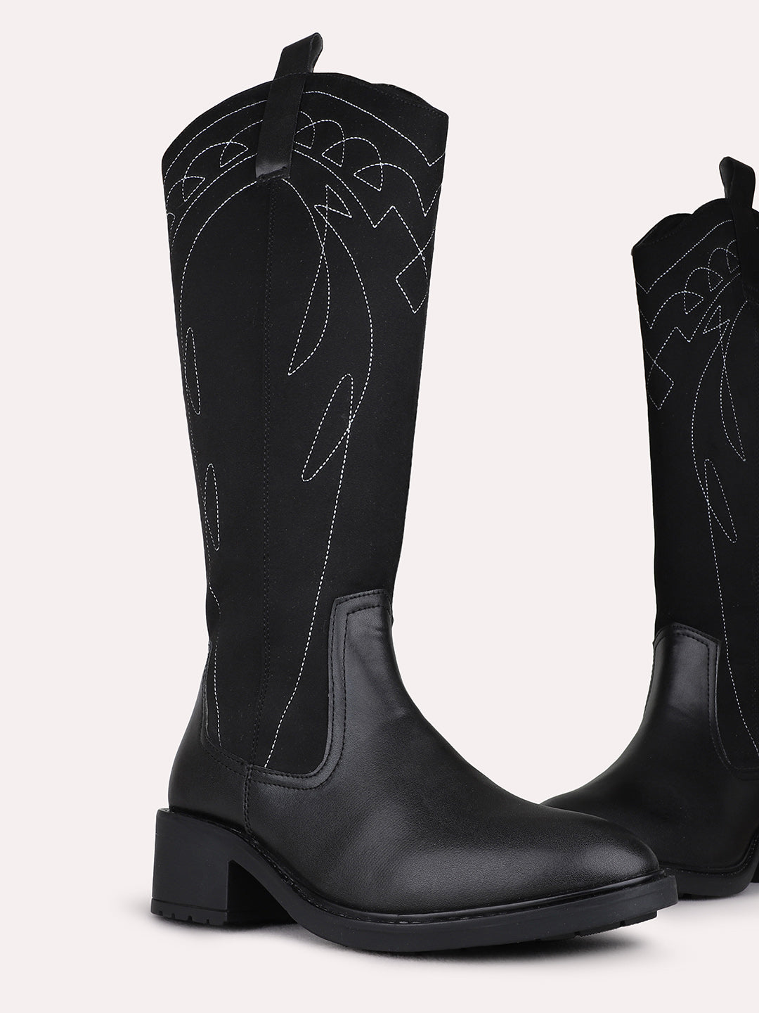 Womens Black Casual Solid Pattern Round Toe Block Heel Boots