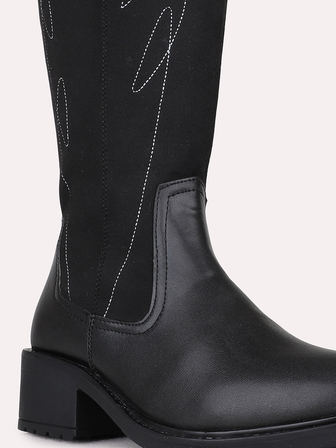 Womens Black Casual Solid Pattern Round Toe Block Heel Boots