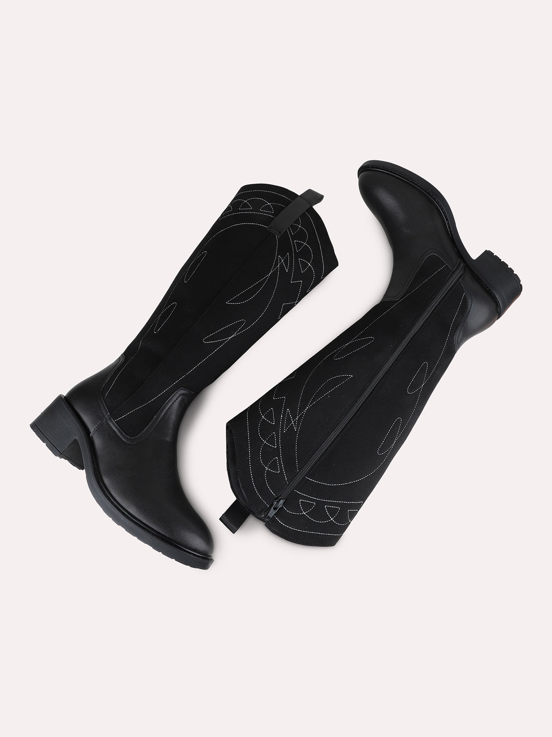 Womens Black Casual Solid Pattern Round Toe Block Heel Boots