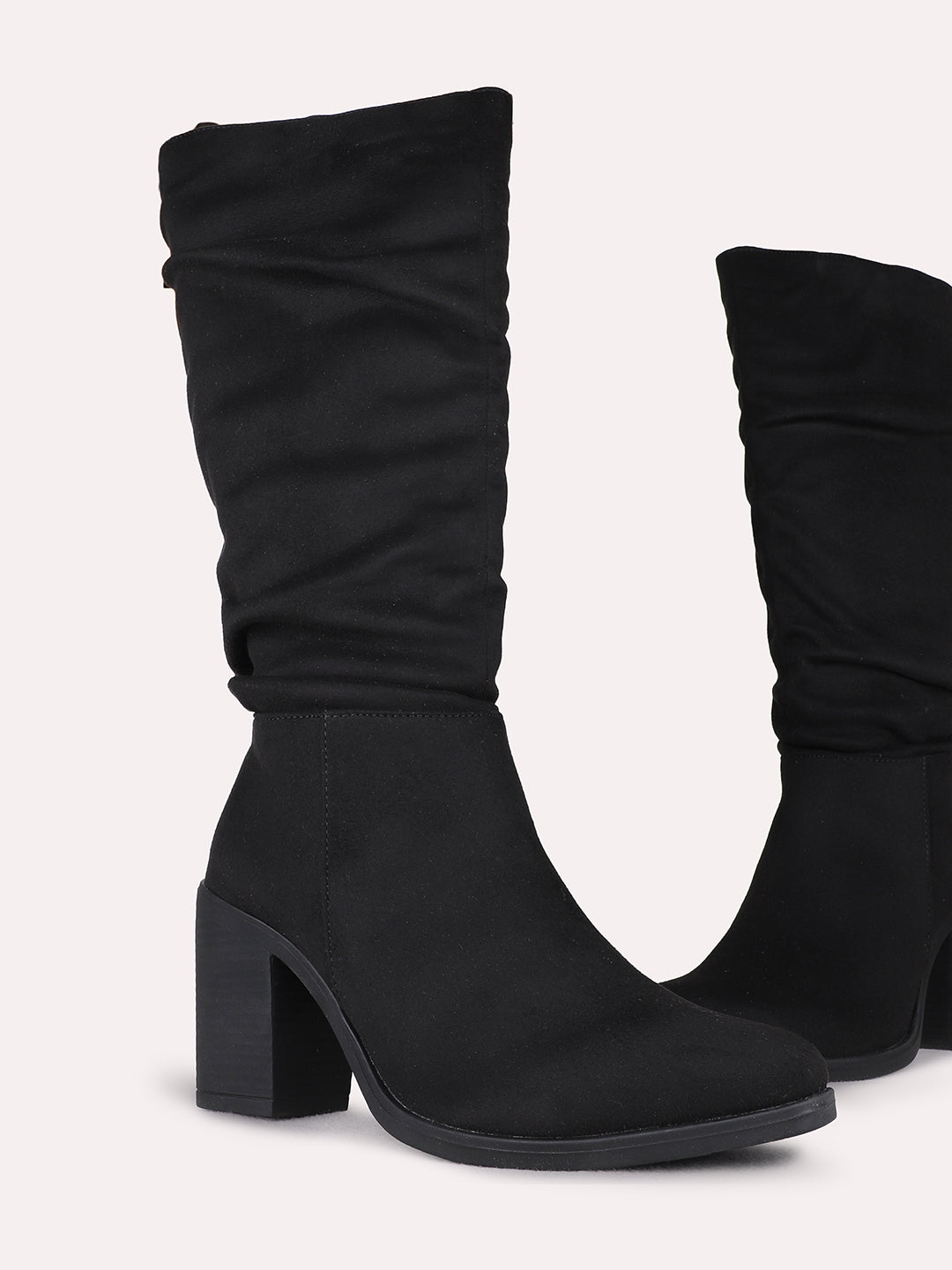 Womens Black Casual Solid Round Toe Block Heel Boots