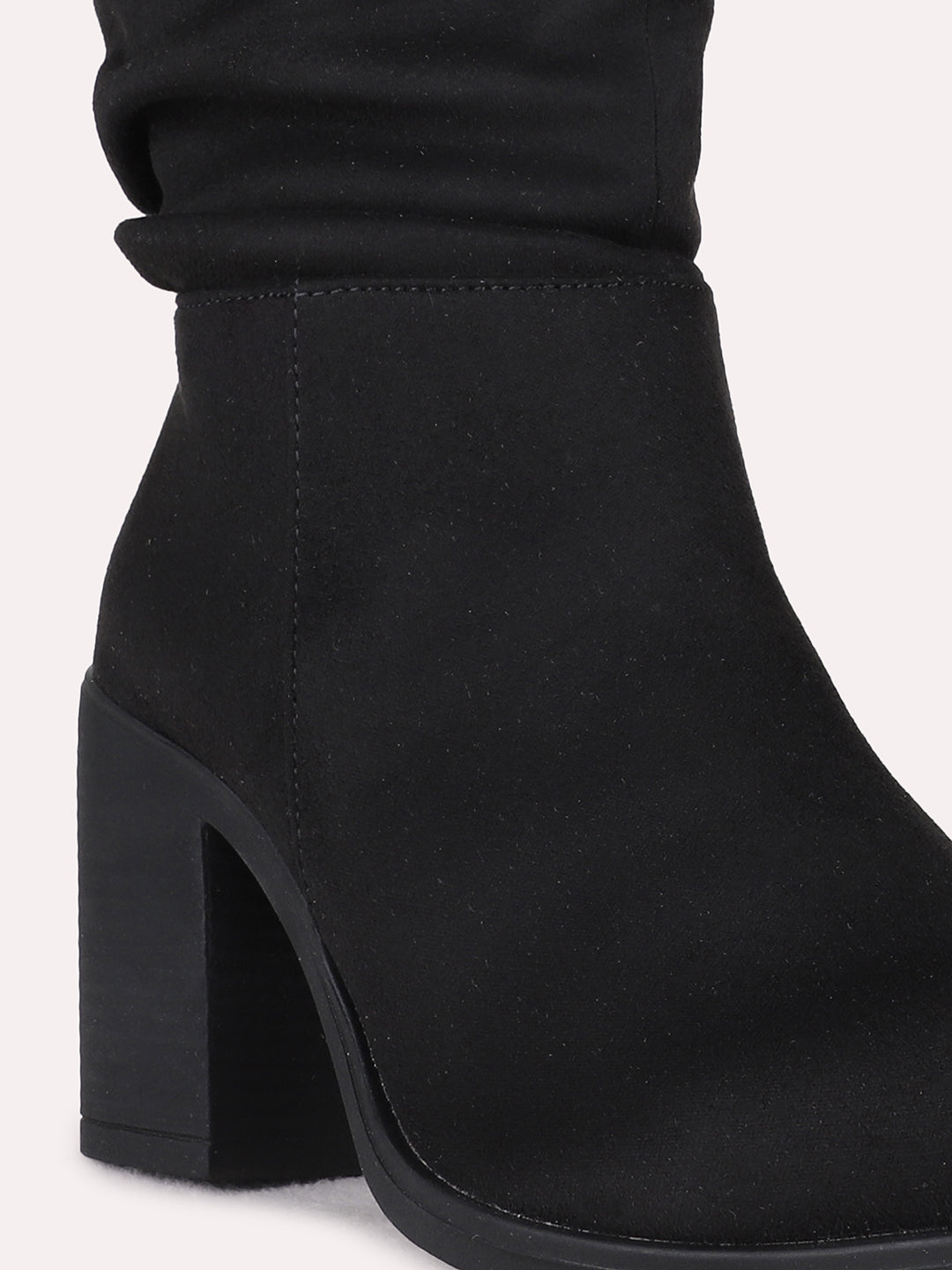 Womens Black Casual Solid Round Toe Block Heel Boots