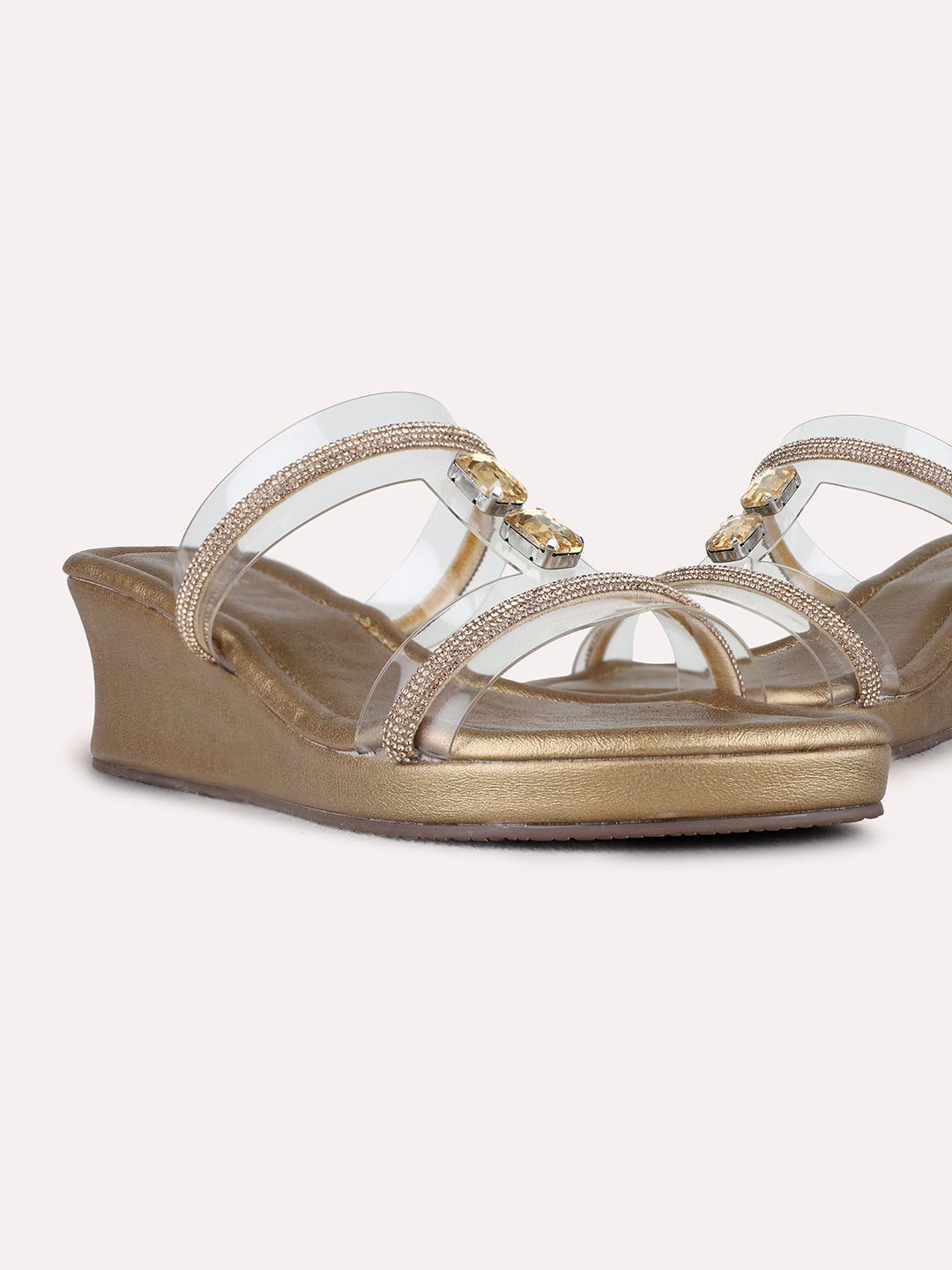 Womens Golden Party Wear Transparent Round Toe Wedge Heels