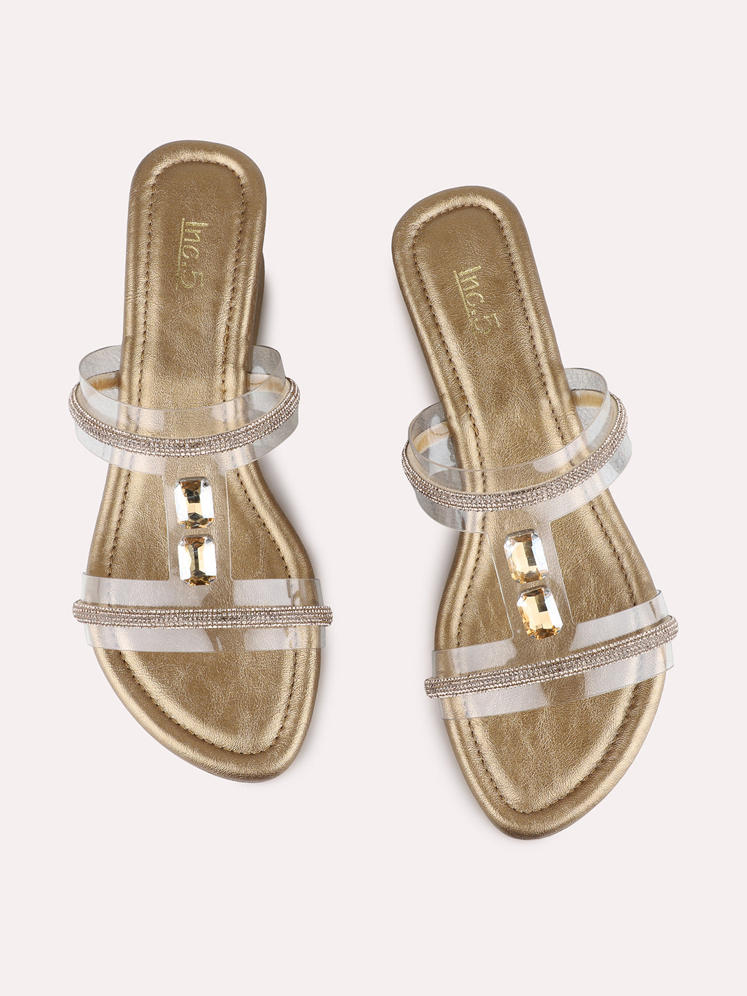 Womens Golden Party Wear Transparent Round Toe Wedge Heels