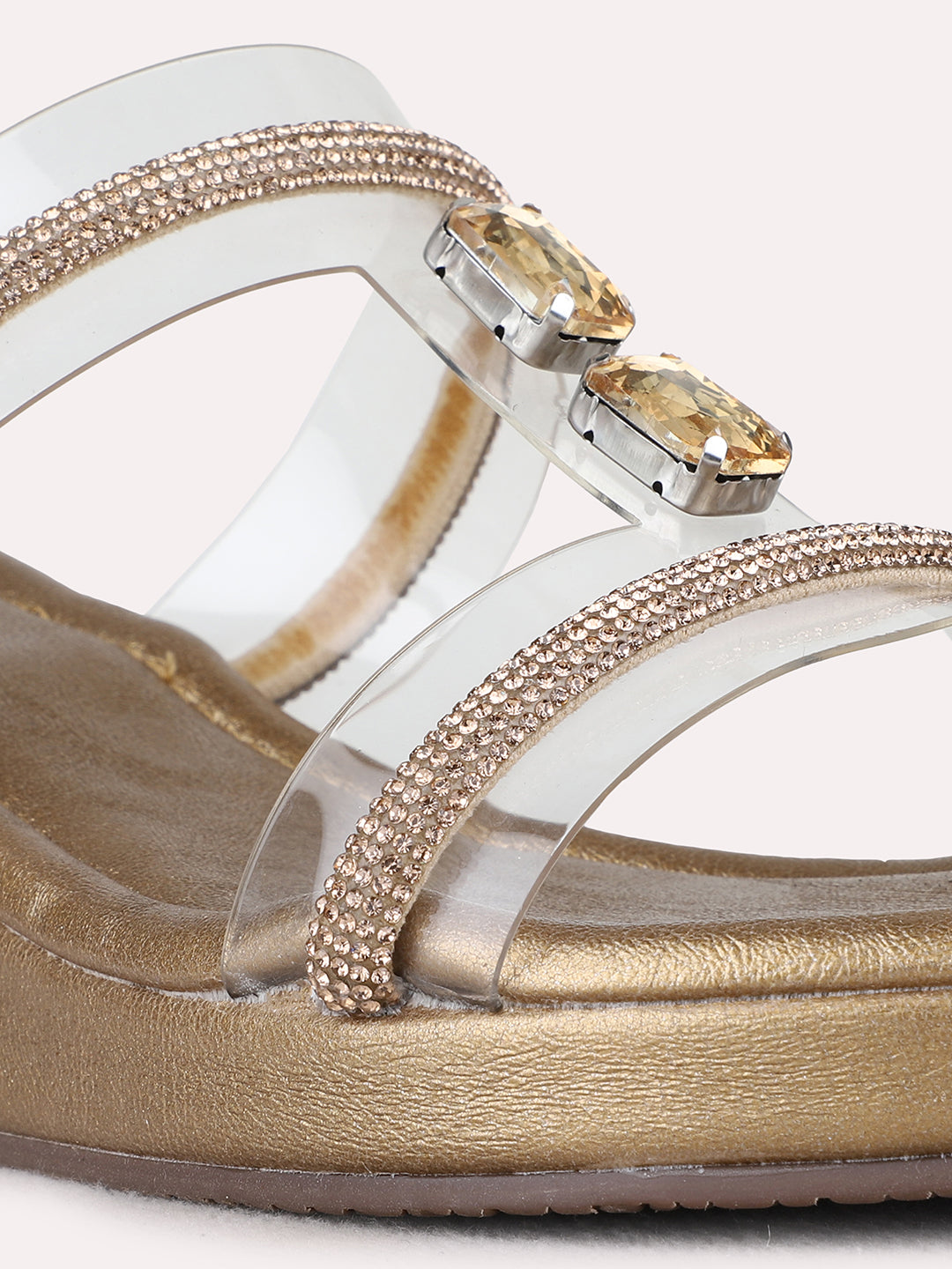 Womens Golden Party Wear Transparent Round Toe Wedge Heels