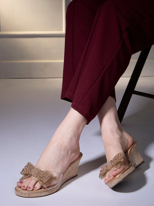 Womens Rose Gold Party Wear Transparent Round Toe Wedge Heels