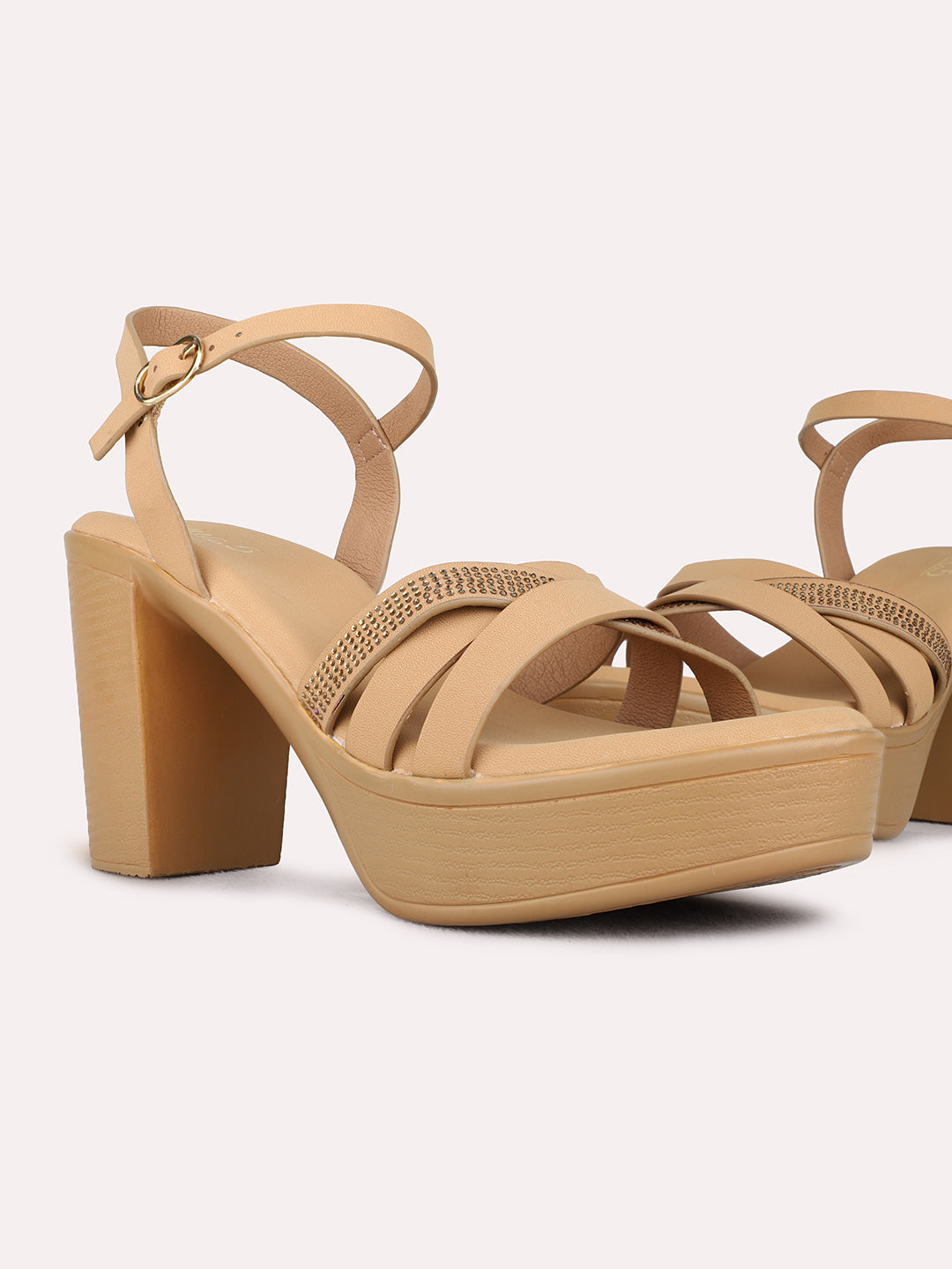 Womens Beige Party Wear Solid Round Toe Flatform Heel Sandals