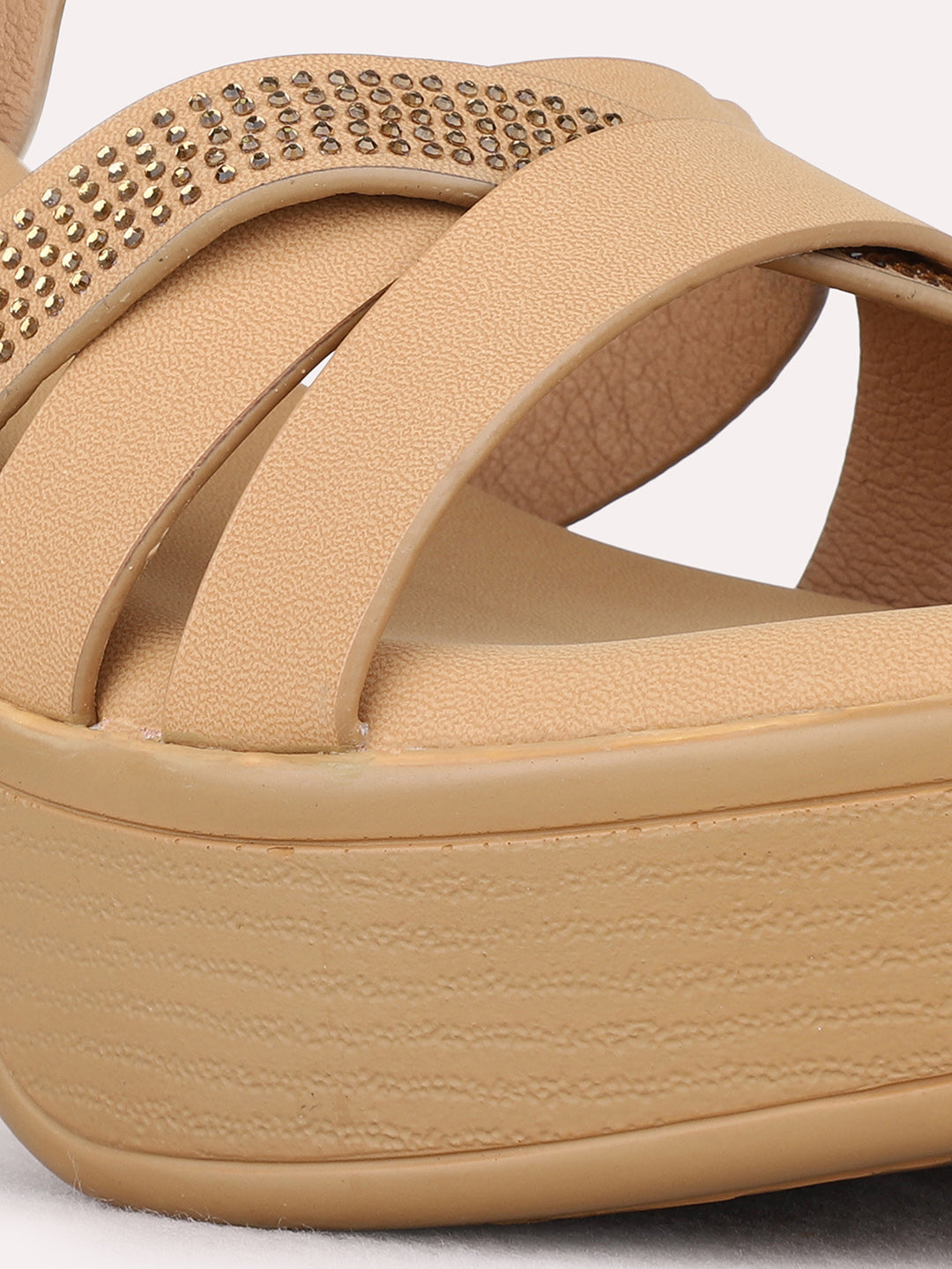 Womens Beige Party Wear Solid Round Toe Flatform Heel Sandals