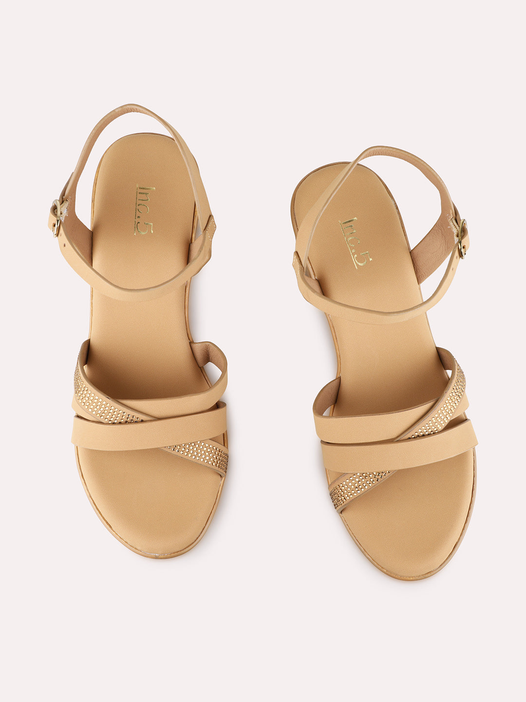 Womens Beige Party Wear Solid Round Toe Flatform Heel Sandals