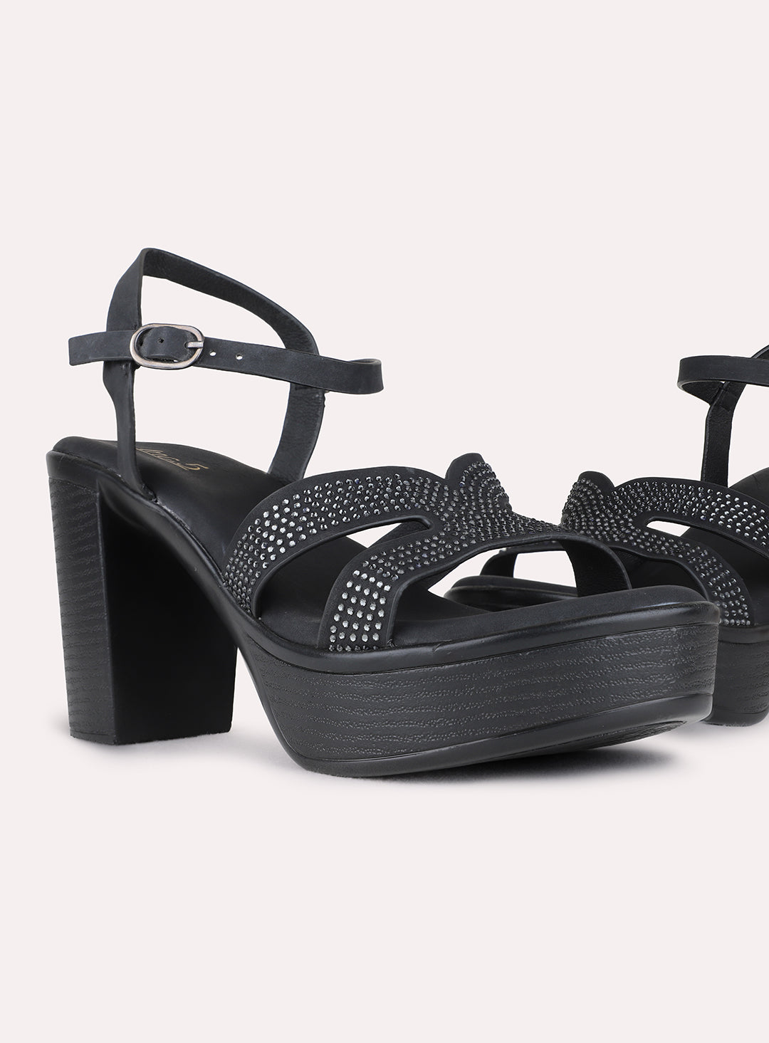 Womens Black Party Wear Embellished Round Toe Platform Heel Sandals