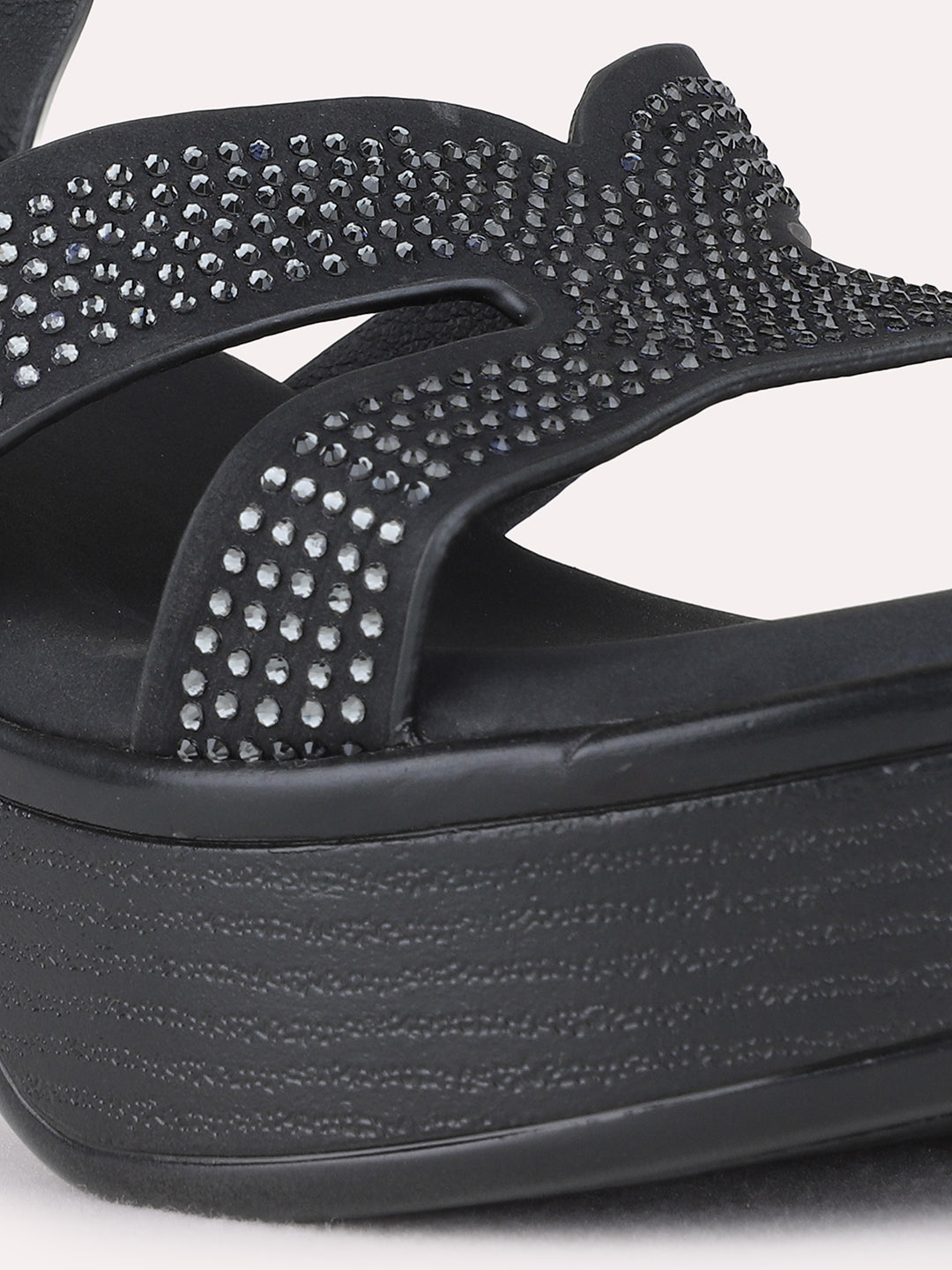 Womens Black Party Wear Embellished Round Toe Platform Heels