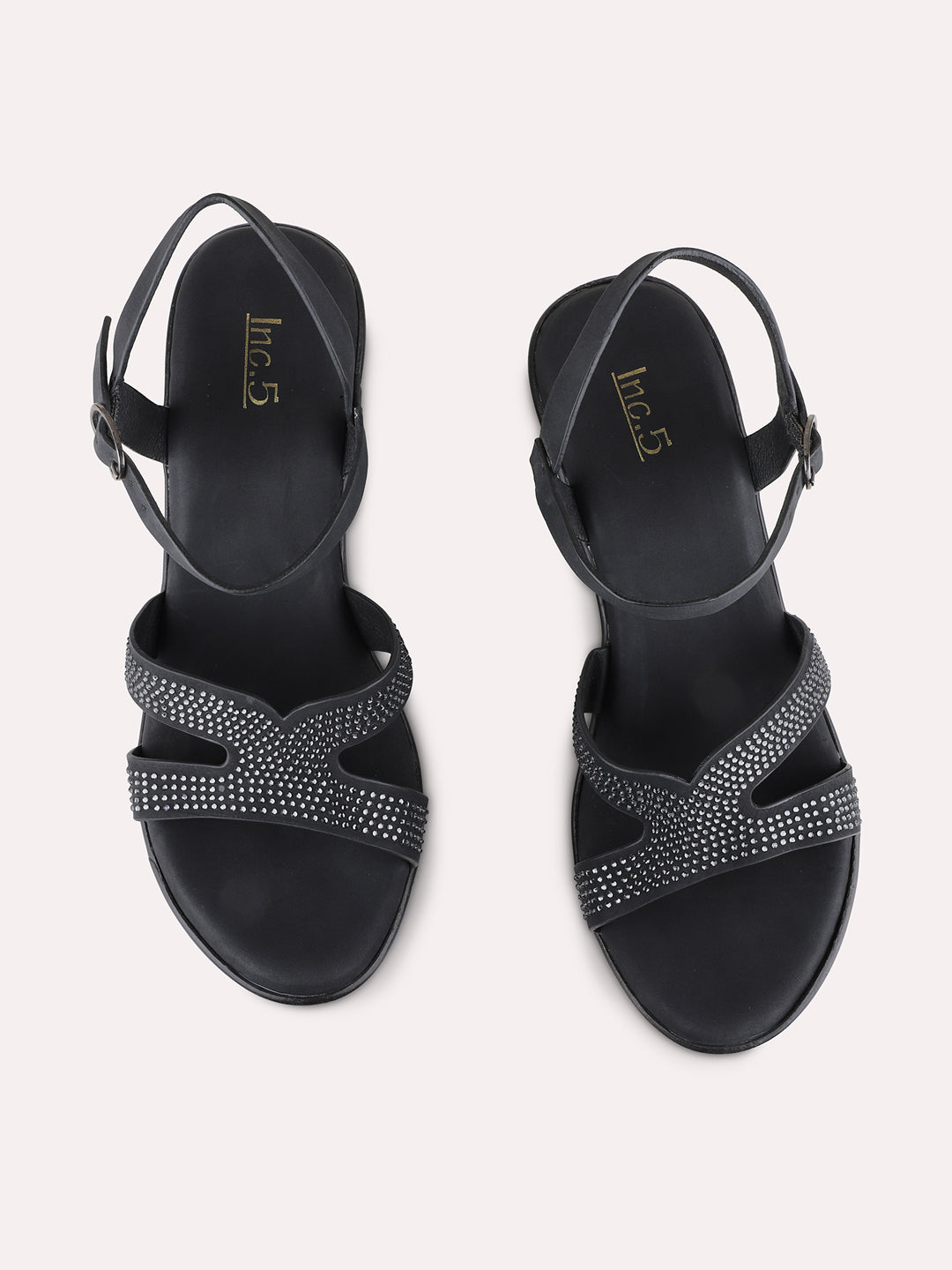 Womens Black Party Wear Embellished Round Toe Platform Heels