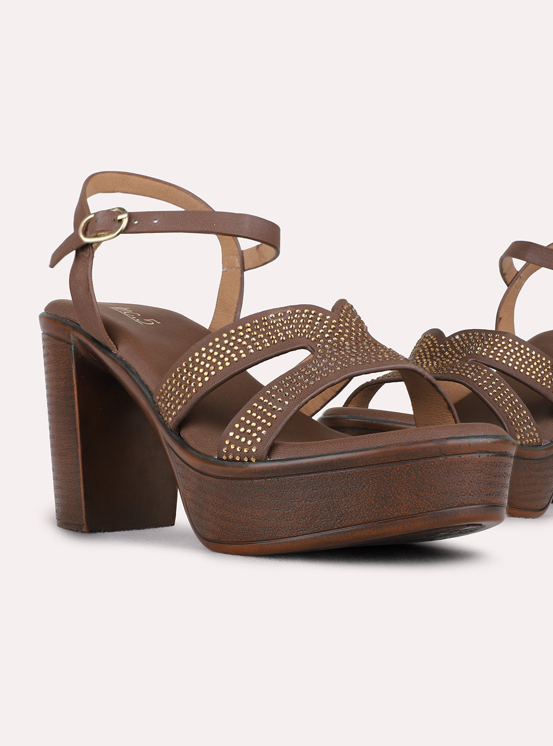 Womens Brown Party Wear Embellished Round Toe Platform Heel Sandals