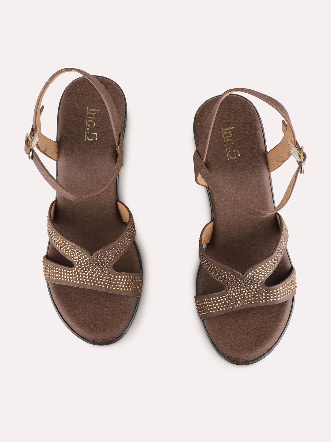 Womens Brown Party Wear Embellished Round Toe Platform Heel Sandals