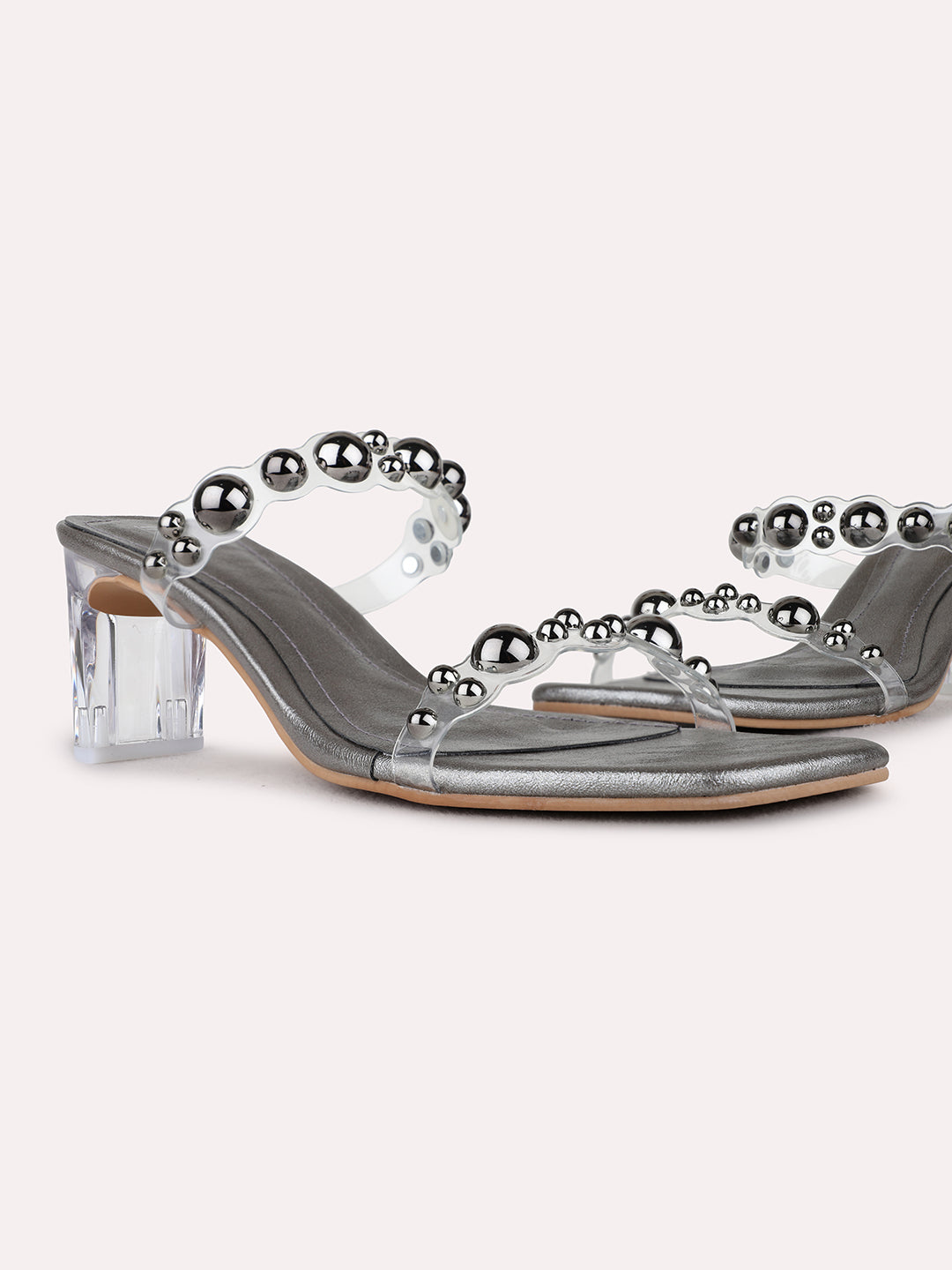 Womens Pewter Ethnic Embellished Square Toe Block Heels