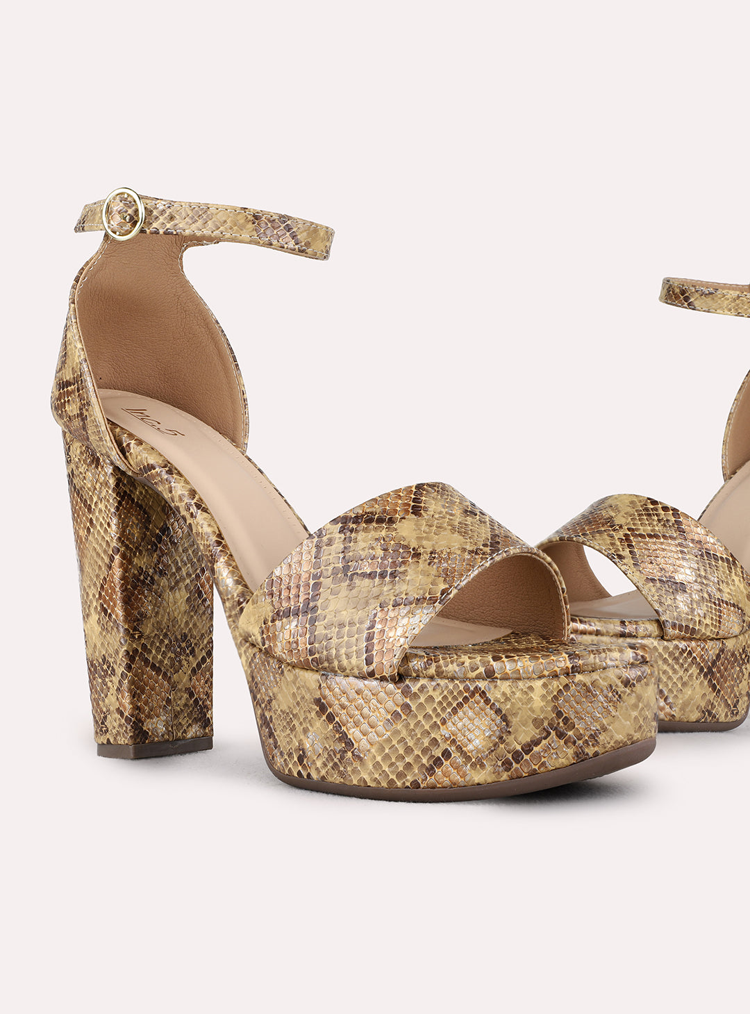Womens Beige Party Wear Printed Round Toe Platform Heels