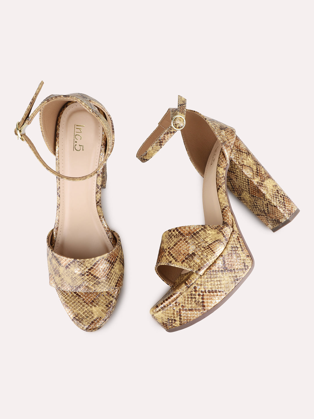 Womens Beige Party Wear Printed Round Toe Platform Heels