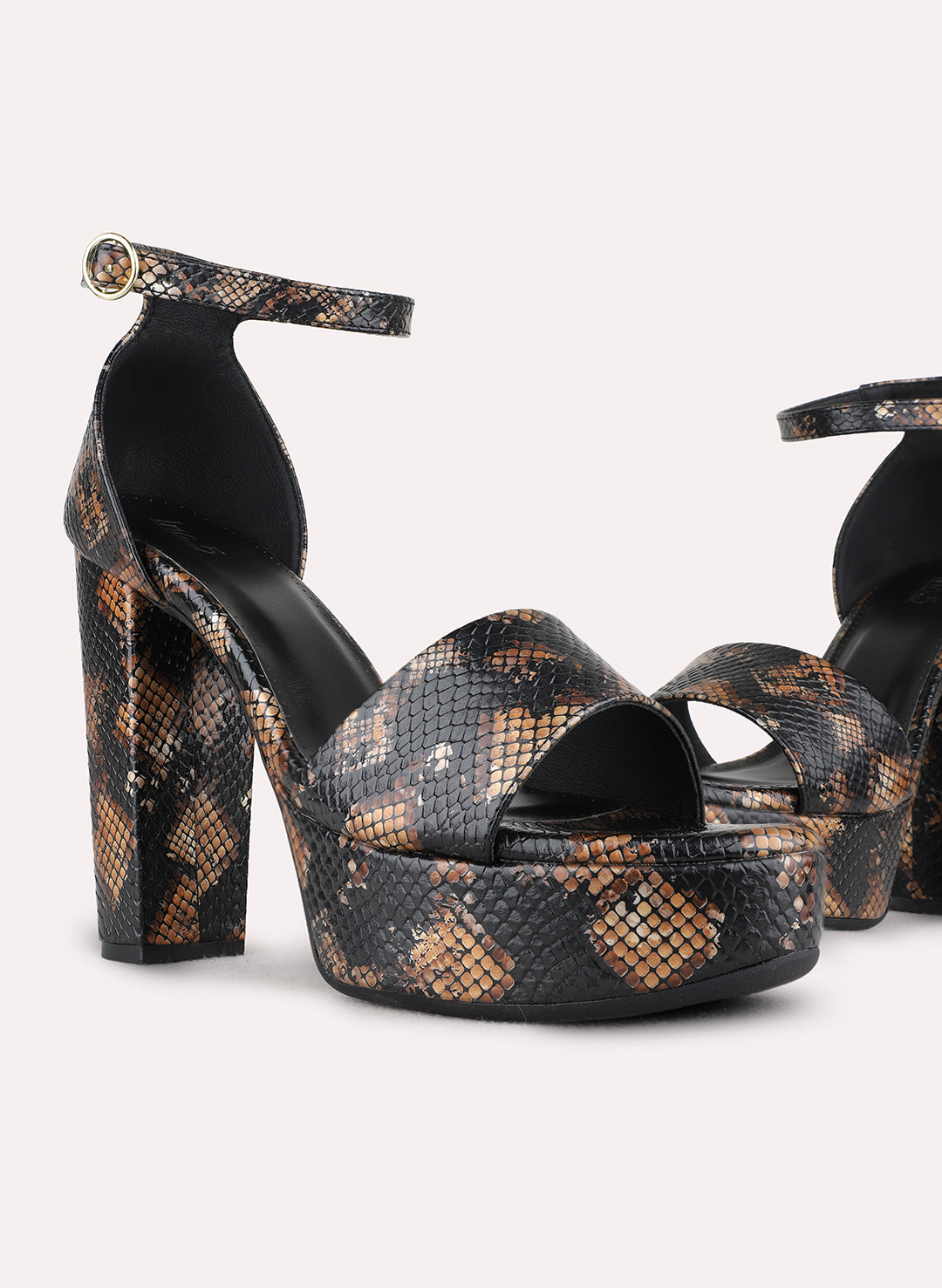 Womens Black Party Wear Printed Round Toe Platform Heels