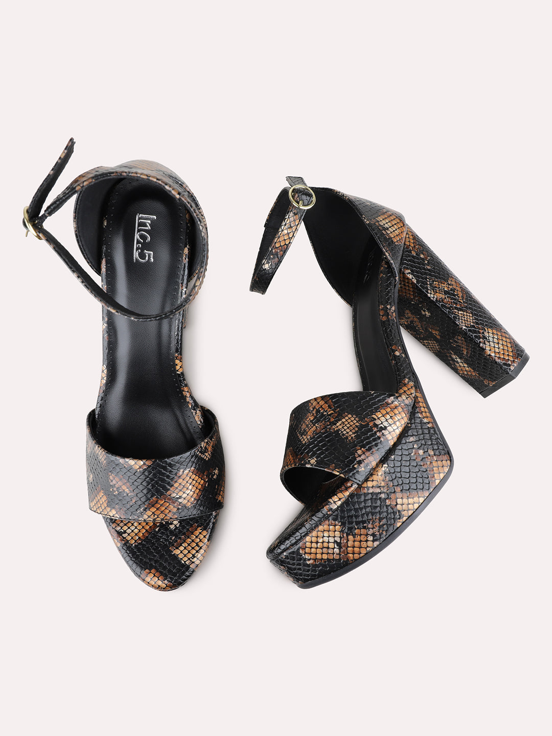 Womens Black Party Wear Printed Round Toe Platform Heels