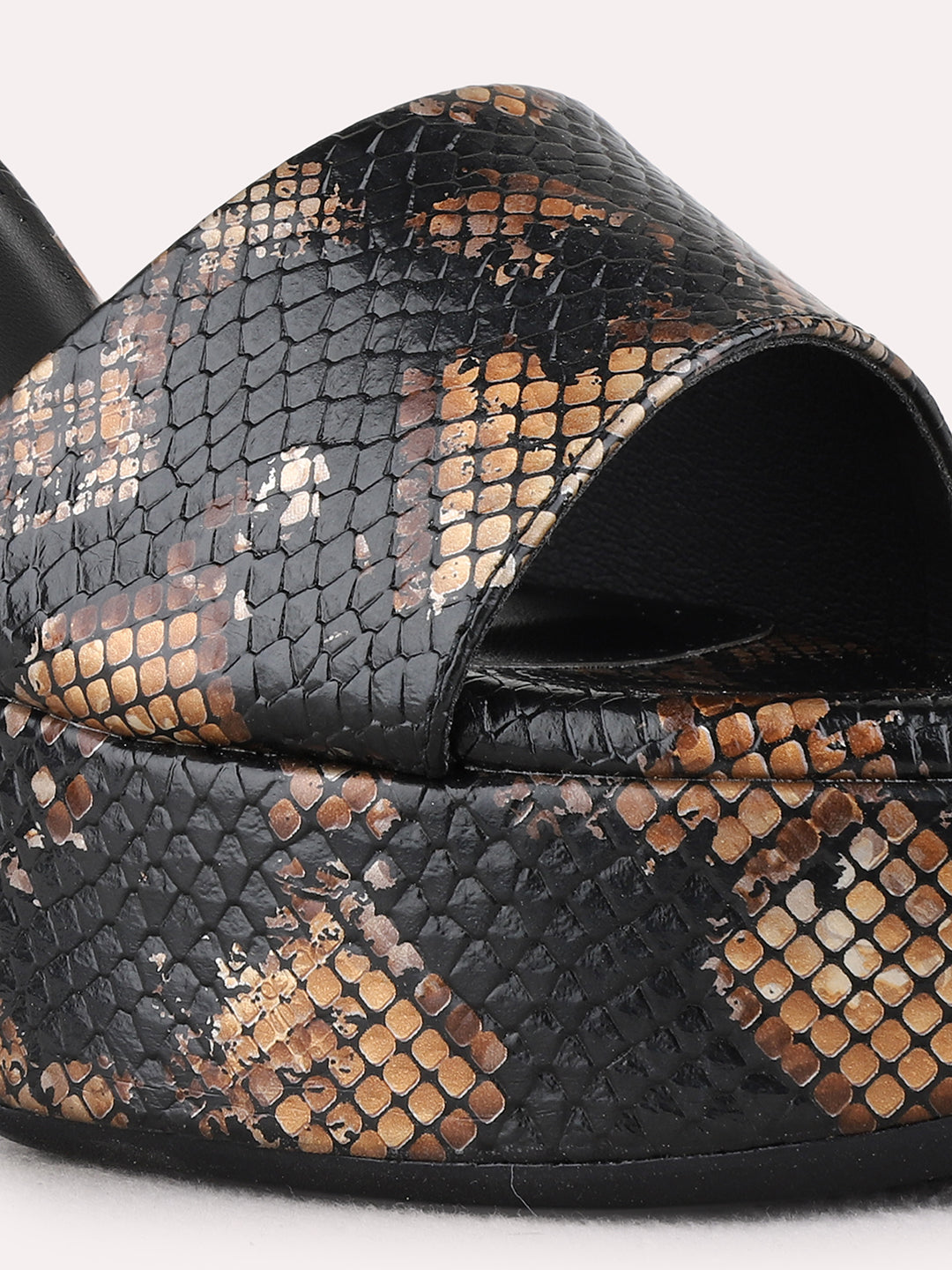 Womens Black Party Wear Printed Round Toe Platform Heels