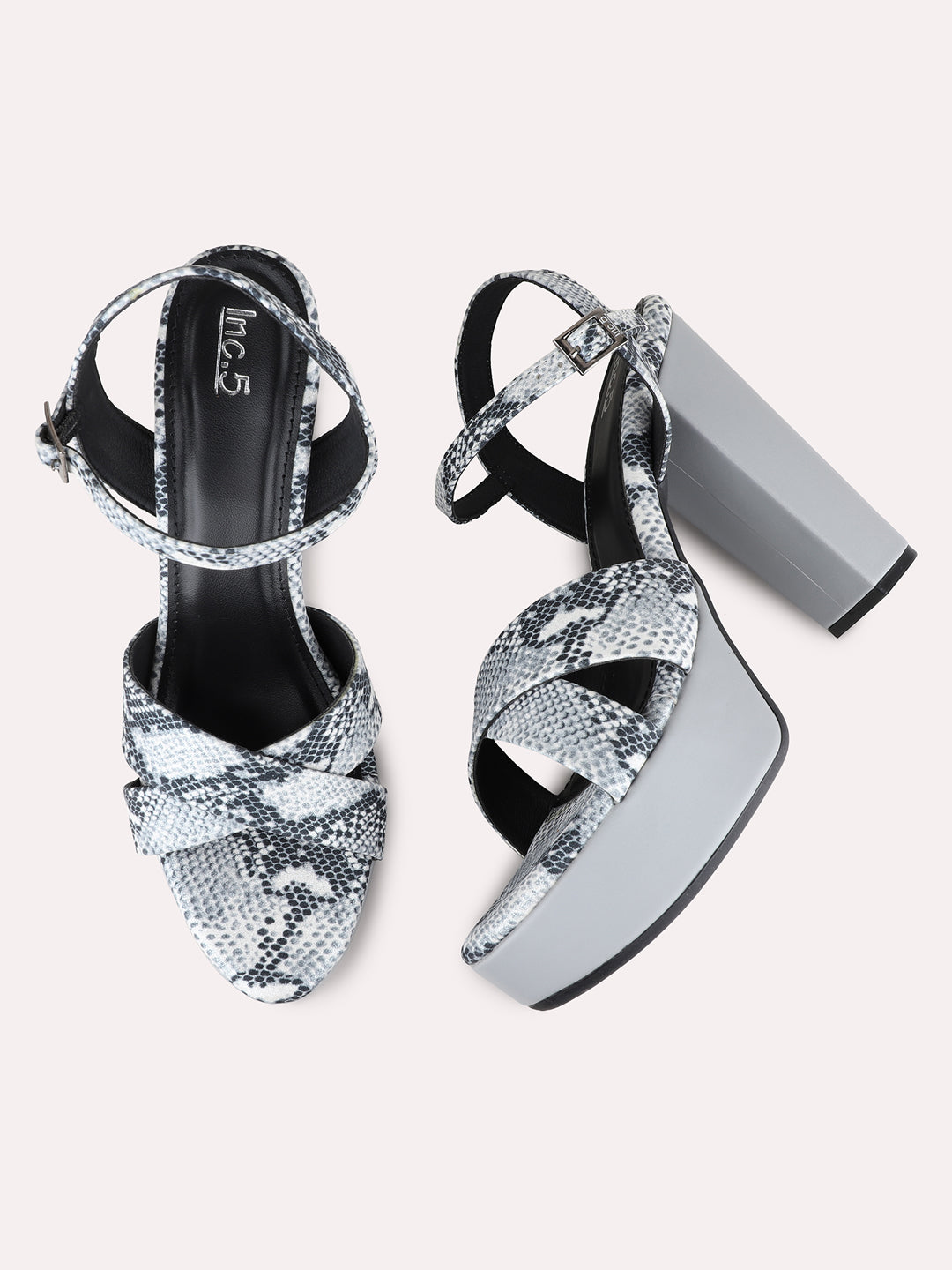 Womens Grey Party Wear Printed Round Toe Platform Heels