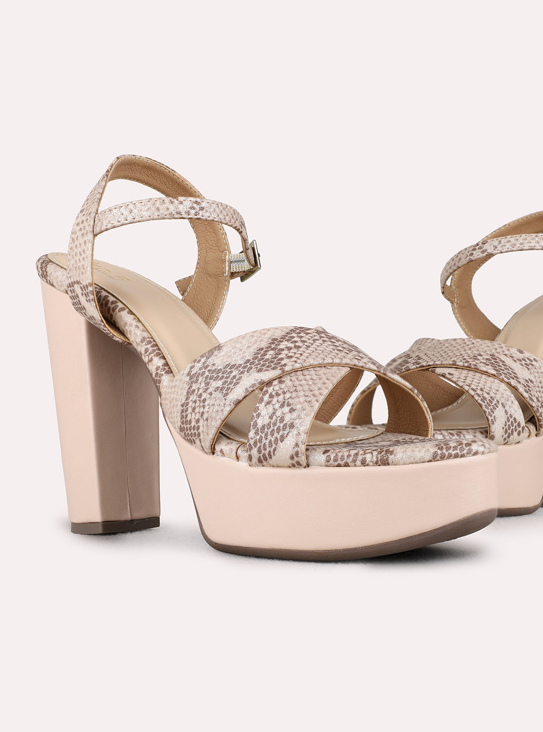 Womens Pink Party Wear Printed Round Toe Platform Heels