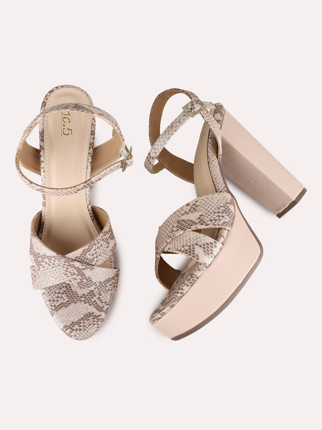 Womens Pink Party Wear Printed Round Toe Platform Heels