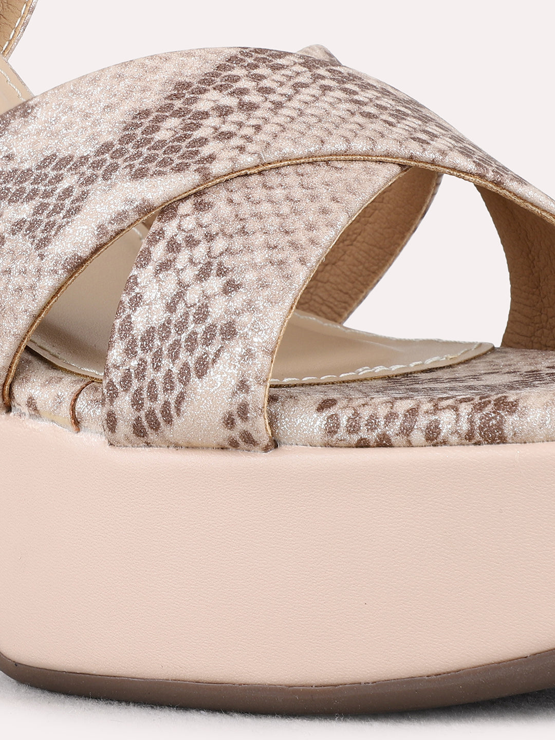 Womens Pink Party Wear Printed Round Toe Platform Heels