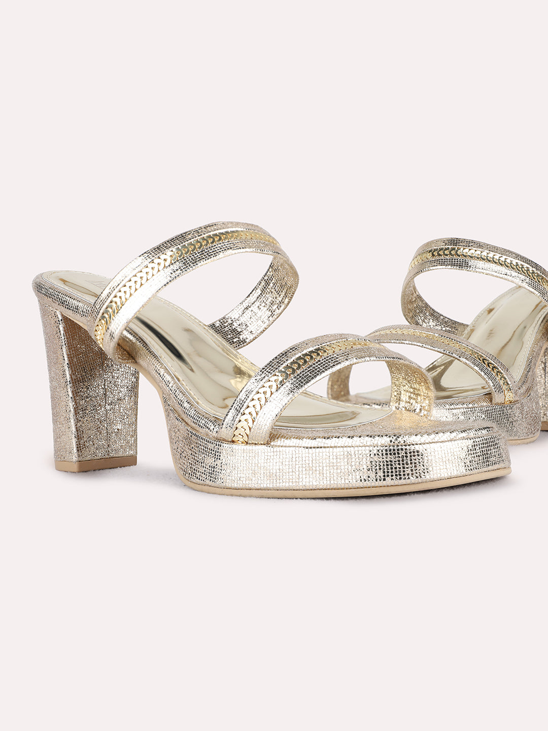 Womens Golden Party Wear Embellished Round Toe Platform Heels