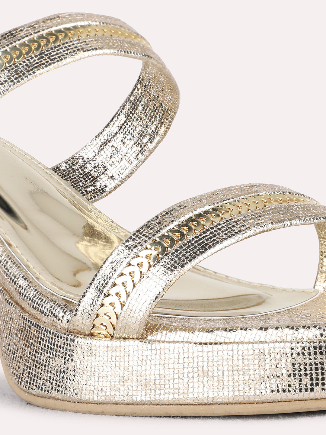 Womens Golden Party Wear Embellished Round Toe Platform Heels
