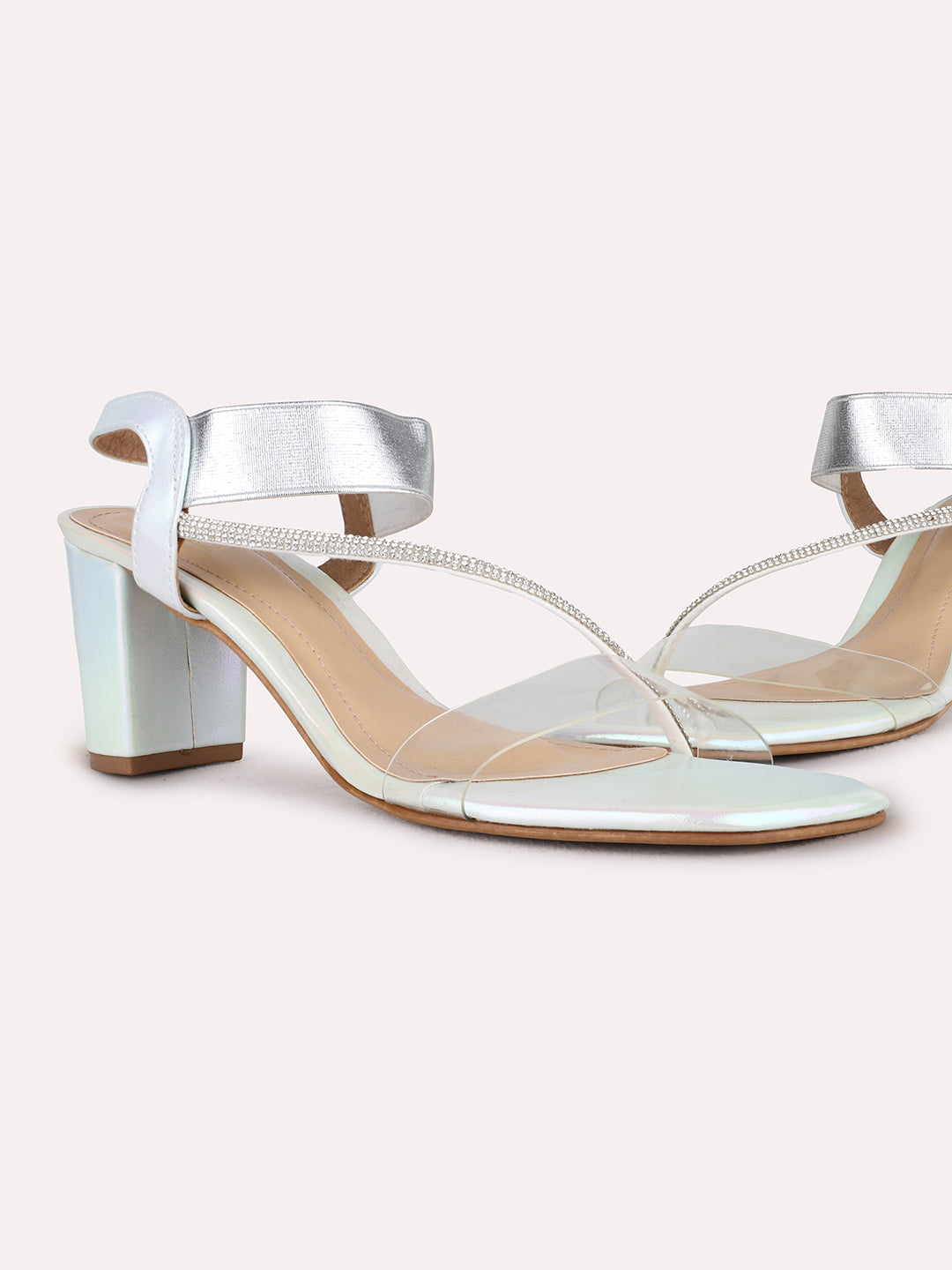 Womens Silver Party Wear Solid Block Heel Sandals