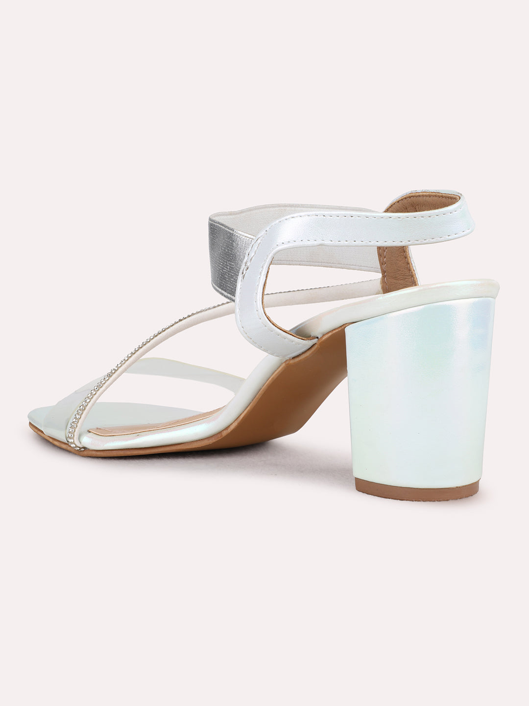 Womens Silver Party Wear Solid Block Heel Sandals