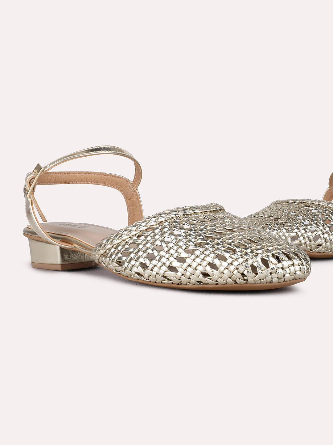 Womens Golden Party Wear Solid Round Toe Block Heels