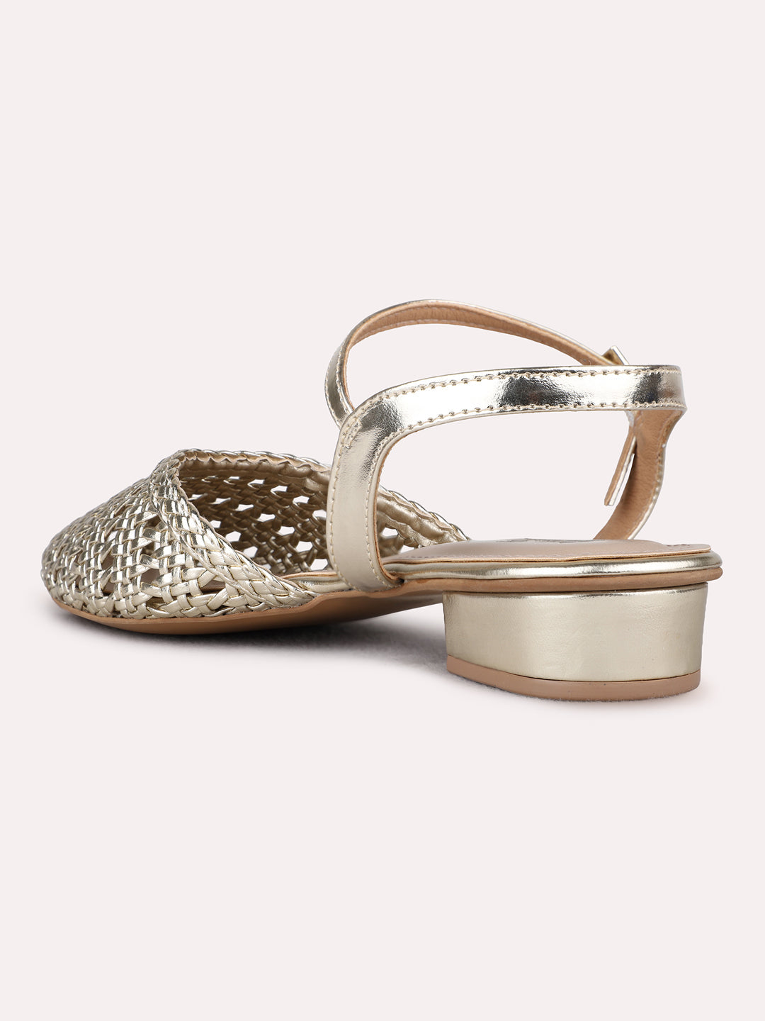 Womens Golden Party Wear Solid Round Toe Block Heels