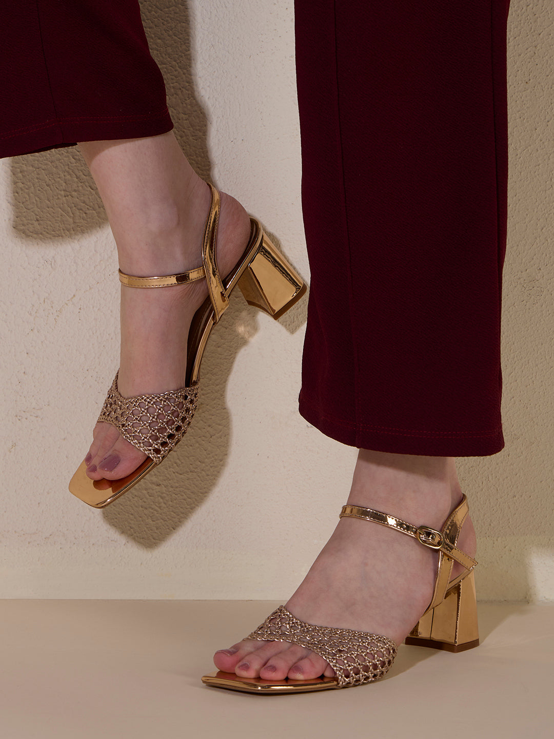 Womens Rose Gold Party Wear Textured Square Toe Block Heel Sandals