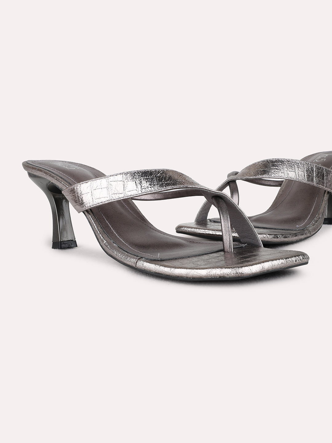 Womens Pewter Party Wear Solid Round Toe Kitten Heel Sandals