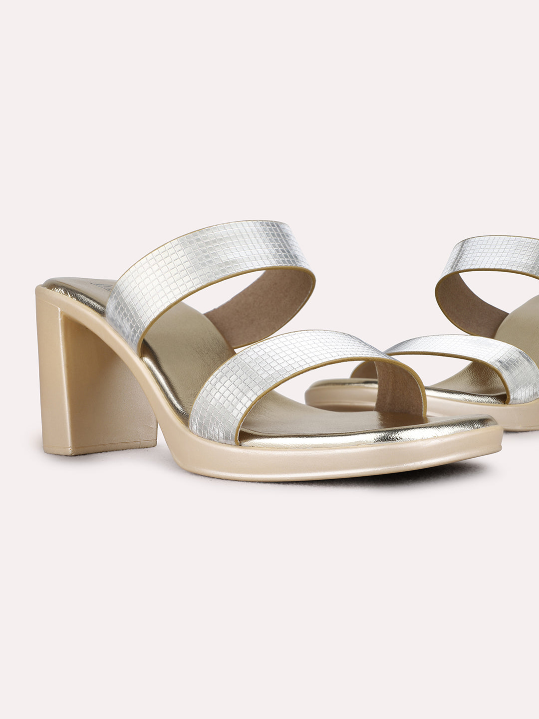 Womens Golden Party Wear Solid Round Toe Block Heels