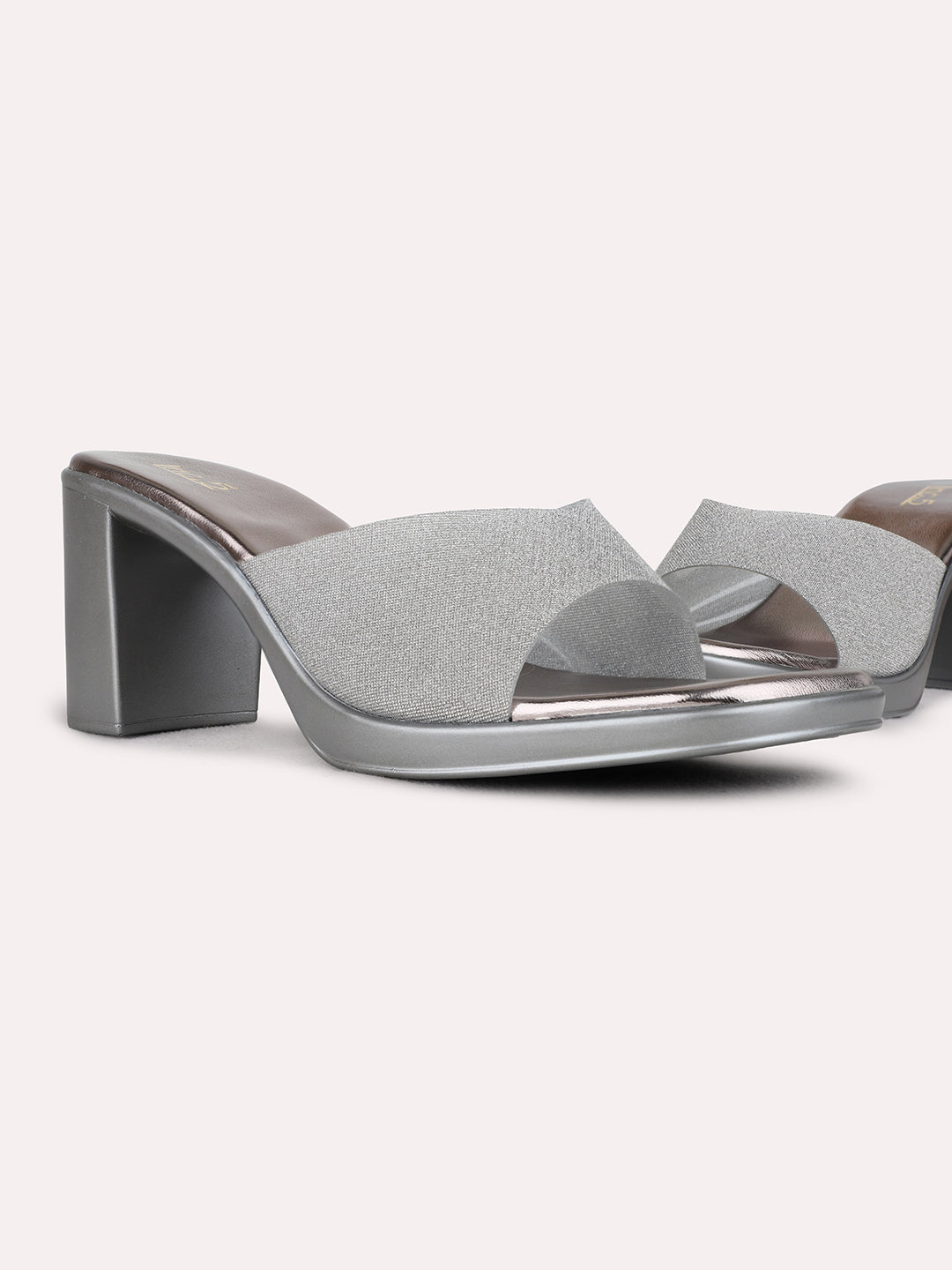 Womens Pewter Party Wear Textured Round Toe Block Heel Sandals