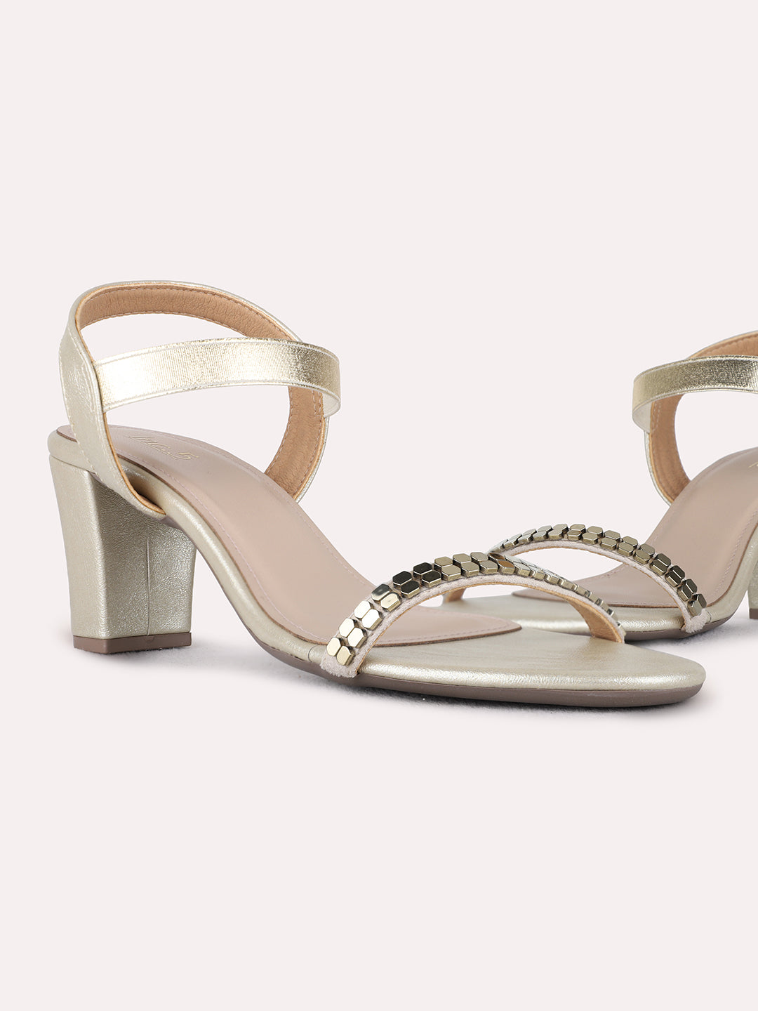 Womens Golden Party Wear Solid Round Toe Block heels