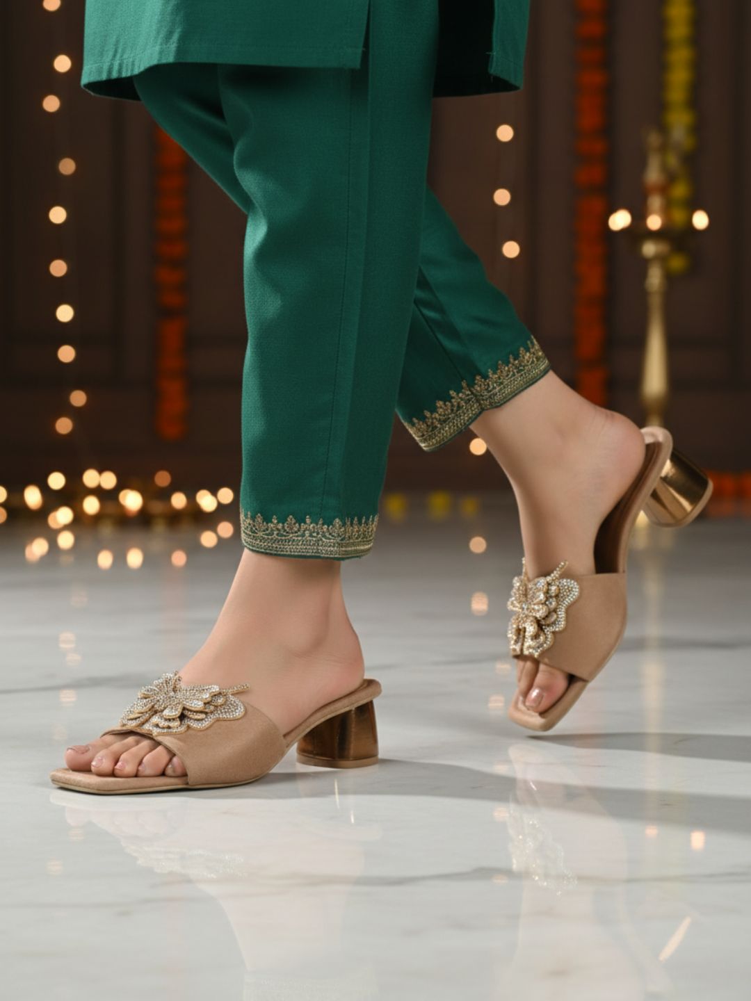 Womens Beige Party Wear Camouflage Square Toe Block Heel Sandals