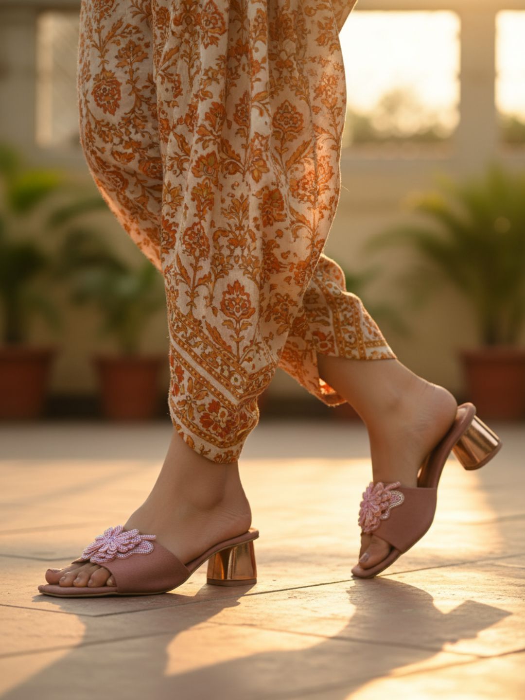 Womens Peach Party Wear Camouflage Square Toe Block Heel Sandals