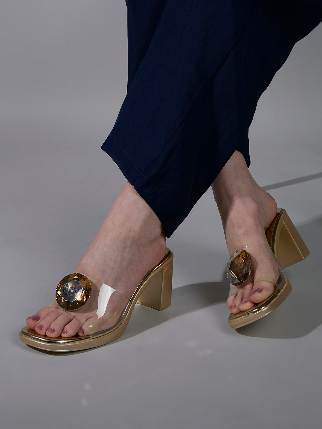 Womens Golden Party Wear Transparent Round Toe Block Heel Sandals