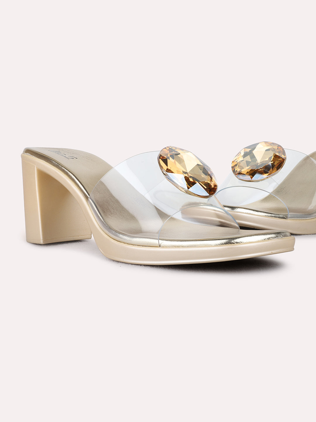 Womens Golden Party Wear Transparent Round Toe Block Heel Sandals