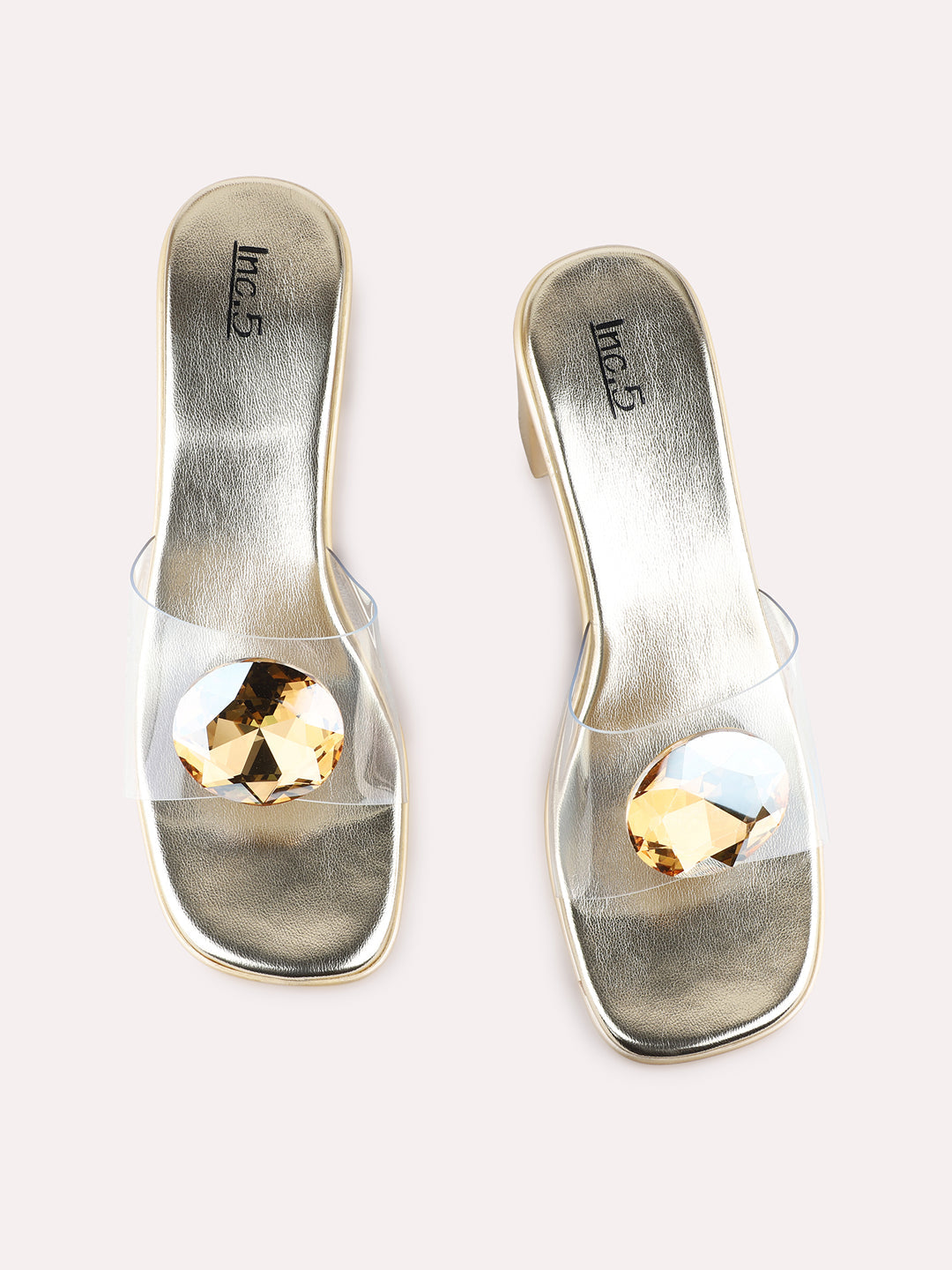 Womens Golden Party Wear Transparent Round Toe Block Heel Sandals