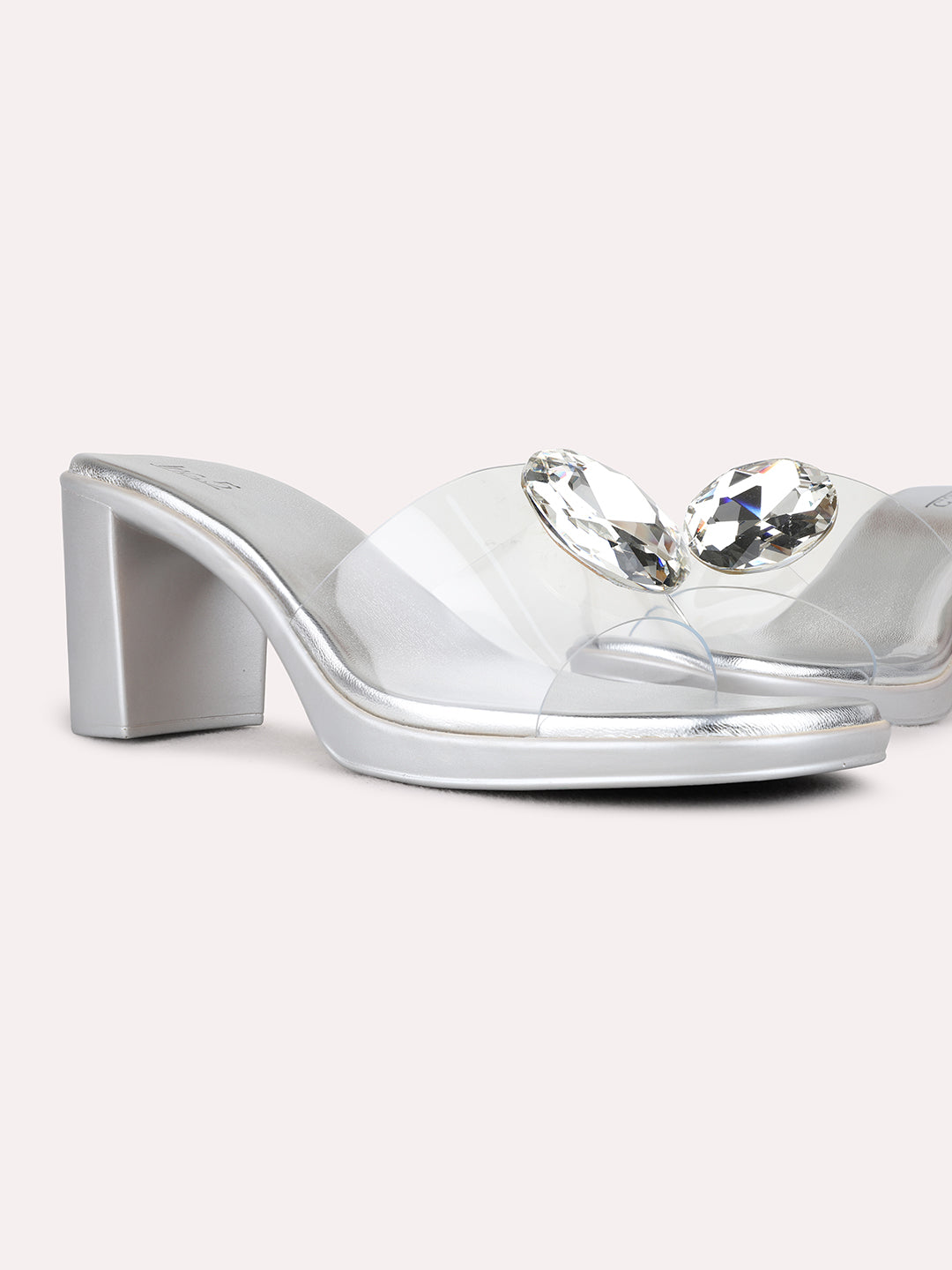 Womens Silver Party Wear Transparent Round Toe Block Heel Sandals
