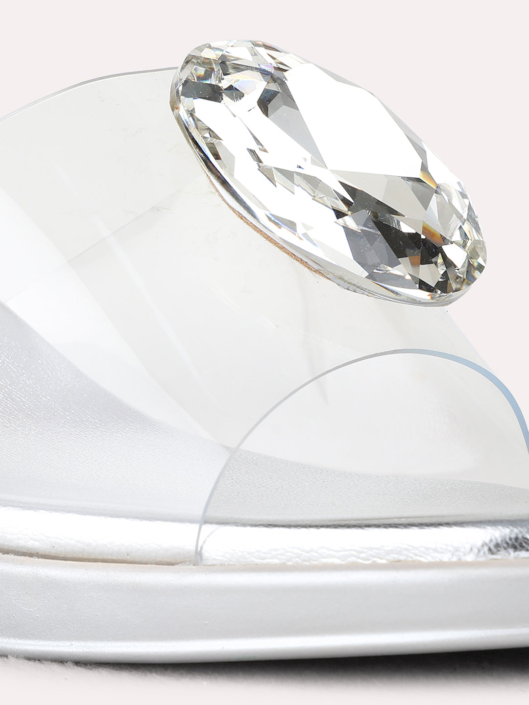 Womens Silver Party Wear Transparent Round Toe Block Heel Sandals