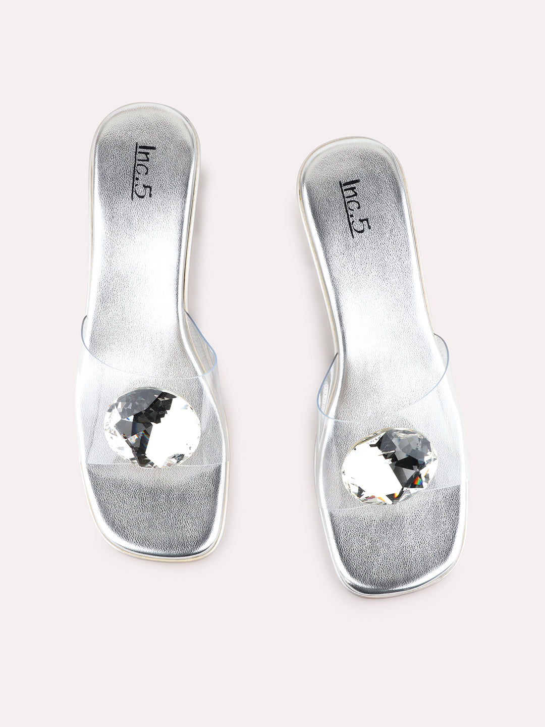 Womens Silver Party Wear Transparent Round Toe Block Heel Sandals