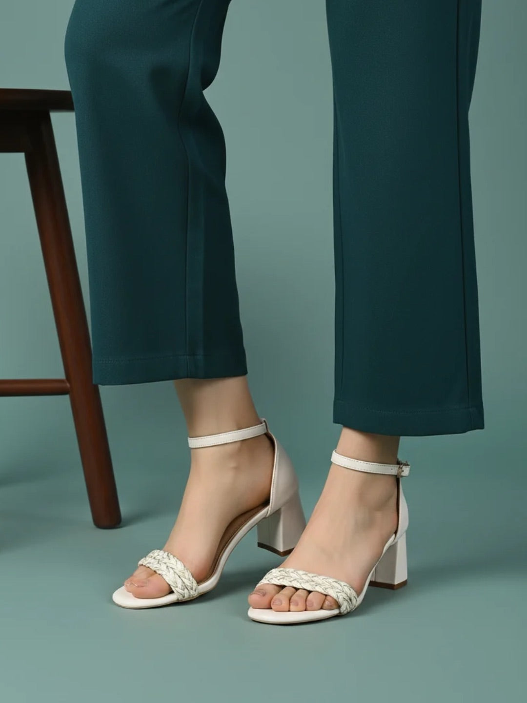 Womens Cream Party Wear Solid Round Toe Block Heels