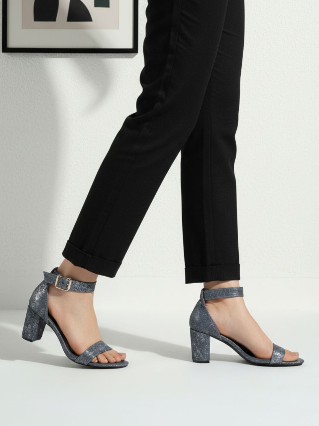 Womens Pewter Party Wear Printed Round Toe Block Heel Sandals